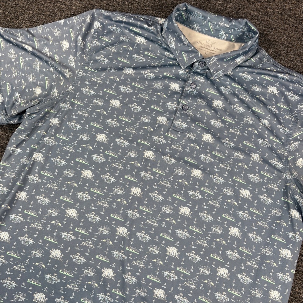 Vineyard Vines Polo Shirt Mens XL Blue Performance AOP Tropical Resort Print
